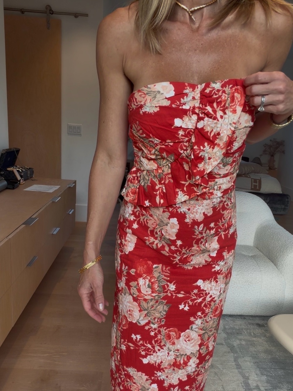 Sezane Pauline Midi dress Red and Cream Floral Midi Dress with Asymmetric Ruffle